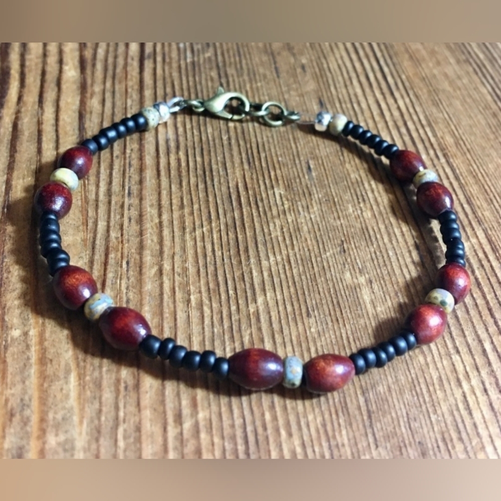 Men's 8 Inch Beaded Bracelet/Black/Wood Beaded Men's Bracelet, Handmade Bracelet